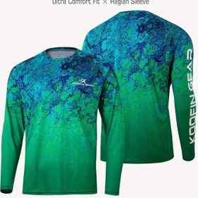 Resim Erkek Yüksek Performans Raglan Balıkçılık Gömleği - Nefes Alabilir ve Nem Çekmez Polyester Kumaş, Sporlu Düzenli Kesim ile Soyutlu Mavi Gradyan Tasarım Tüm Mevsimler İçin 
