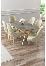Resim Canisa Asel Serisi 90x160 Lak Panel Antrasit İroni Gold Kaplama Ayaklı Masa Takımı Ve 6 Krem Sandalye Antrasit İroni Masa Krem Sandalye Ayaklar Gold 