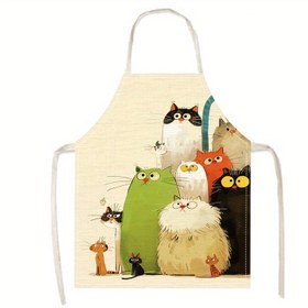Resim 1 adet Kaprisli Karikatür Kediler Keten Önlük - Kolsuz, Dayanıklı & Rahat Şef Önlüğü, Pişirme, Fırınlama, Ev Temizliği için Canlı Kedi İllüstrasyonları - Kedi Severler için Noel, Şükran Günü, Cadılar Bayramı için İdeal Hediye 
