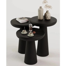 Resim Simillo Home & Living Siyah Ahşap 3’lü Set Fitilli Mantar Yan Sehpa Modern Siyah Renk Fiskos 