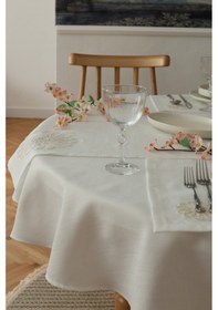 Resim Yakacihome Çiçek Güpürlü 4 'lü Amerikan Servis& Runner Gardenya Keten Yıkanabilir Leke Tutmaz Premium Çeyiz Set Krem 