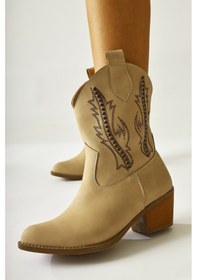 Resim Fiza Krem Sivri Burunlu Nakışlı Zımba Detaylı Western Bot 001 