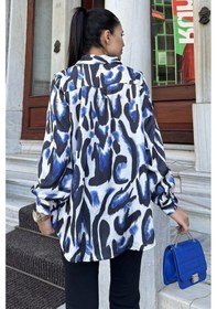 Resim Mavi Desenli Salaş Saten Gömlek Mavi 