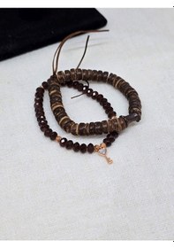 Resim Glamglamour Doğal Ud Ağaçlı Kristal Cam Boncuklu Anahtar Uç Bileklik Kahverengi 