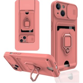 Resim Sphone Iphone 14 Plus Kılıf Kamera Sürgülü Korumalı Yüzüklü Standlı Kartvizitlik Loş Renkli Case 