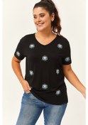 Resim Kadın Büyük Beden Göz Nakışlı Siyah Bluz Siyah 