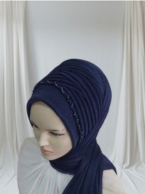 Resim Lacivert İşlemeli Model Hazır Duvak Hazır Şal Hazır Türban 
