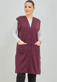 Resim Elçelya Moda Kadın Mürdüm Uzun Cepli Düğmeli Penye Anne Büyük Beden Tunik Yelek 