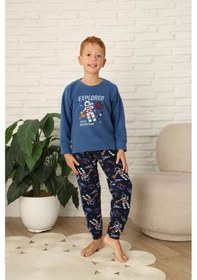 Resim Yeni Stil Sonbahar/kış Erkek Çocuk Uzay Figür Astronot Desen Polar Pijama Takımı 4565 Mavi 