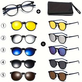Resim 1 Gözlük Çerçevesi + 1 Gözlük Kılıfı + 5 adet Lens Erkek Kadın Yeni Yuvarlak Moda Gözlük Seti Klasik Çerçeve Manyetik Tasarım Değiştirilebilir Çok Renkli Lensler 