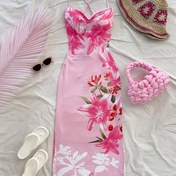 Resim Seksi Düşük Kesim Sıcak Pembe Çiçek Desenli Maxi Elbise, Sırtı Açık Bağlama Detayı ile - Kadınlar için Kolsuz Vücut Tipi Elbise, Plaj veya Yaz Gezileri için Mükemmel, Plaj Elbiseleri 