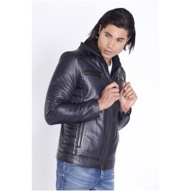 Resim Kapşonlu Spor Kışlık Hakiki Deri Mont-lacivert Lacivert 