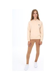 Resim Toontoy Kids Toontoy Kız Çocuk 2'li Takım Baskılı Kapüşonlu Düşük Omuz Sweatshirt & Basic Düz Tayt Bej 