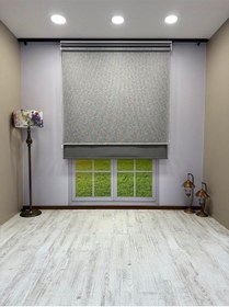 Resim Çift Mekanizmalı Gri Çizgili Desenli Tül Ve Gri Stor Perde - İthal Mat Polyester Gri 