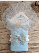 Resim Yenidoğan Kuzulu Taç Nakış Güpürlü Fiyonklu Duvaklı Prizma Taş Unisex Kundak Bebek Battaniyesi Mavi Çok Renkli 