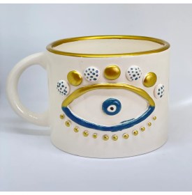 Resim Sim Atölye Göz Desenli El Yapımı Altın Yaldız Detaylı Geniş Kahve Kupası 