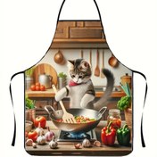 Resim 1 adet Karikatür Yemek Kedi Önlüğü, Rahat Stil, %100 Polyester, Esnemez Kumaş, Dokuma, 150g/m², Bağcıklı Detay, Bol Kesim, Tüm Mevsimler İçin Erkek ve Kadınlar İçin Mutfak Önlüğü 