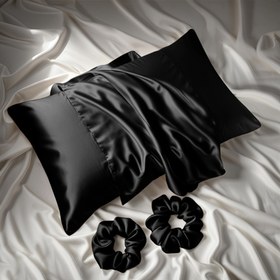 Resim Yatak Odası ve Banyo 3 Parça Set: 1 Yastık Kılıfı Yastık Çekirdeksiz + 2 Saç Lastiği - Lüks Saten Malzeme, Modern ve Basit Tasarım, Ev, Otel veya Yatak Odası Kullanımı İçin Uygun 