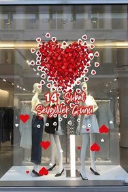 Resim Etrafa Saçılmış Kalp 14 Şubat Sevgililer Günü Cam Vitrin Sticker, Kalp Desenli Dekoratif Çıkartma 