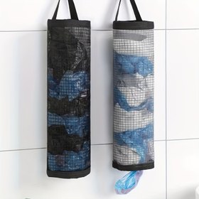 Resim Duvara Monte Edilebilir Fileli Plastik Torba Dağıtıcı - Çok Amaçlı Mutfak & Oturma Odası Organizatörü için Alışveriş Çantaları, Yeniden Kullanılabilir Alışveriş Çantası Tutucu ile İpli Kapatma, Siyah & Beyaz Izgara Tasarımı, Dayanıklı Naylon Malzeme, Yerden Tasarruflu Depolama Çözümü, Market Çantası Tutucu 