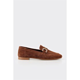 Resim Elle Kahve Deri Kadın Loafer 