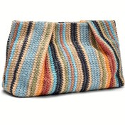 Resim Kadınlar İçin Çok Renkli Dokuma Hasır Çanta - Mavi, Pembe, Yeşil, Sarı, Turuncu, Kırmızı ve Turkuaz Gökkuşağı Şerit Desen | Dayanıklı Plastik & Naylon Astar | Her Yerde Kullanılabilir: Sahil Çantası, Akşam Çantası, Günlük Çanta | Boho Şık & Tatil Stili | 2025'teki Canlı Şeritlerle Taze Rengarenk Örgü Tasarım & Cırt Kapatma | Hafif & Zarif Bayanlar için, 2023 Moda El Çantaları 