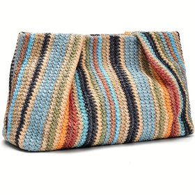 Resim Kadınlar İçin Çok Renkli Dokuma Hasır Çanta - Mavi, Pembe, Yeşil, Sarı, Turuncu, Kırmızı ve Turkuaz Gökkuşağı Şerit Desen | Dayanıklı Plastik & Naylon Astar | Her Yerde Kullanılabilir: Sahil Çantası, Akşam Çantası, Günlük Çanta | Boho Şık & Tatil Stili | 2025'teki Canlı Şeritlerle Taze Rengarenk Örgü Tasarım & Cırt Kapatma | Hafif & Zarif Bayanlar için, 2023 Moda El Çantaları 
