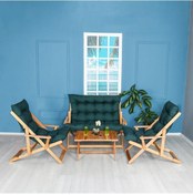 Resim Bysay Ahşap Katlanabilir Taşınır Puf Minderli Kollu Şezlong Plaj Teras Balkon Bahçe Takımı 4 Lü Set Yeşil 