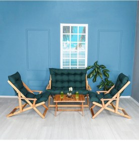 Resim Bysay Ahşap Katlanabilir Taşınır Puf Minderli Kollu Şezlong Plaj Teras Balkon Bahçe Takımı 4 Lü Set Yeşil 