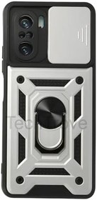 Resim Xiaomi Redmi K40 Kılıf Sürgülü Kamera Korumalı Yüzüklü Stand Olabilen Magnetic Tpu Tank Kapak Gümüş 