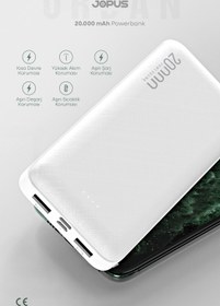 Resim Jopus 20000mAh Powerbank - Led Işık Göstergeli - Taşınabilir Şarj Cihazı - Beyaz JP-P10A 