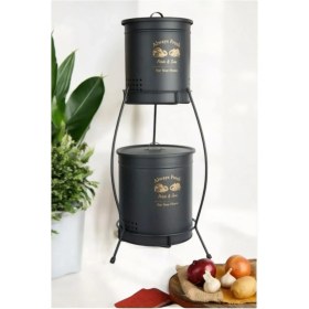 Resim Feyza Design Iki Katlı Siyah Metal Sebze ve Patates Soğan Kovası Sepeti 