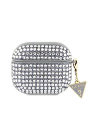 Resim Apple Uyumlu AirPods 3. Nesil Kılıf Guess Lisanslı Parıltılı Taş Kaplamalı Üçgen Logo Süs Zincirli Gümüş 