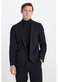 Resim AC&Co / Altınyıldız Classics Erkek Siyah Slim Fit Dar Kesim Mono Yaka Torba Cepli Yünlü Esnek Blazer Ceket Siyah 