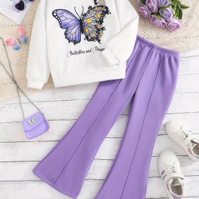 Resim "Moda Günlük Kelebek Desenli Polar Astarlı Sweatshirt + Polar Astarlı İspanyol Paça Pantolon 2'li Set, Sonbahar/Kış Hediyesi, Dış Mekan için Mükemmel" 
