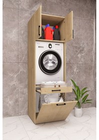 Resim Mdf Çamaşır Makinesi Dolabı Sepetli Ahşap Lefkas Meşe 