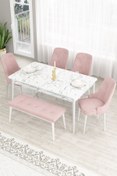 Resim Canisa Lav Serisi 80x130 Sabit Beyaz Mermer Desen Masa Takımı 4 Pembe Sandalye Ve 1 Bench 