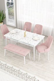 Resim Canisa Lav Serisi 80x130 Sabit Beyaz Mermer Desen Masa Takımı 4 Pembe Sandalye Ve 1 Bench 