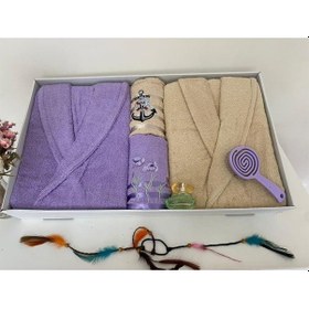 Resim Çeyizlik Aile Bornoz Seti 4 Parça Lila - Bej Çok Renkli 