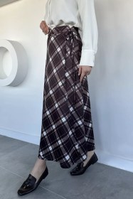 Resim Kadın Ekoseli Bağlamalı Tesettür Etek Kahve TZL-P-00020656 
