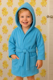 Resim CottonVerse Bebek & Çocuk Kapşonlu Bornoz - %100 Pamuk, Unisex Mavi - Mavi / 3-4 Yaş 