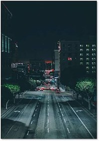 Resim Ahşap Tablo Gece Binalar Ağaçlar ve Cadde 