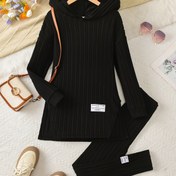 Resim Genç Kızlar 2 Parça Takım, Uzun Fırçalanmış Üst ve Esnek Bel Pantolonu, Düz Renk Yama Kapüşonlu Kazak Günlük Sonbahar Kış Çocuk Giyim 