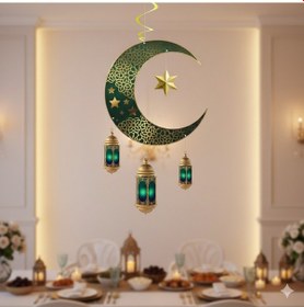 Resim Ramazan Ay Yıldız Kandil Tavan Süs Sarkıt 90x30 Cm Yeşil Dekor 