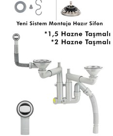 Resim HENASURFACE Granit Evye 1,5 ve 2 Hazneli Taşmalı Sifon Takımı Pirinç Vidalı Büyük Kafa 