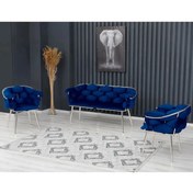 Resim Rozexi Balon Çay Seti Takımı Lacivert Koltuk Takımı Oturma Odası Kafe Antre Hol Ofis 2+1+1 Krom Metal 