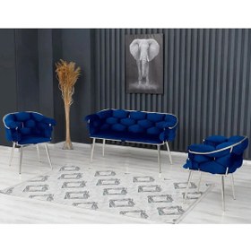 Resim Rozexi Balon Çay Seti Takımı Lacivert Koltuk Takımı Oturma Odası Kafe Antre Hol Ofis 2+1+1 Krom Metal 