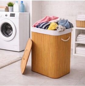 Resim Bambu Katlanabilir Çamaşır Sepeti Açık Ahşap 