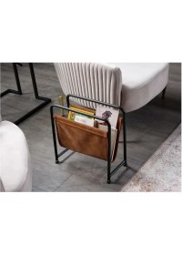 Resim Yonga Concept Koltuk Yanı Gazetelik Dergilik Kitaplık Siyah Metal Kahverengi Deri 