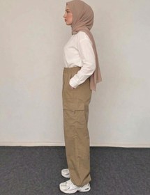 Resim Tesettür Diyarı Kadın Ekstra Baggy Kargo Cepli Keten Pantolon- Bej 